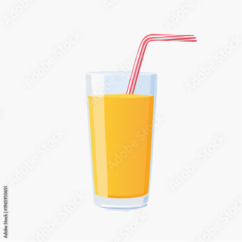 Fresh orange juice in tall glass with red striped straw, flat vector icon, flat design, white background, cold drink