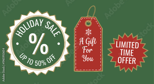 A graphic illustration of a holiday sale sign with up to 50 percent off, conveying a sense of excitement and savings.