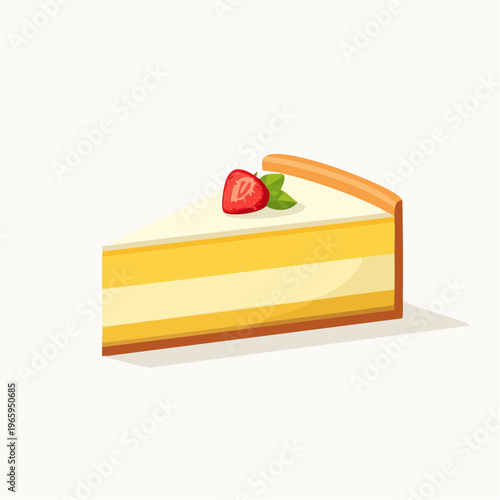 Slice of cheesecake with strawberry and mint leaf, flat illustration, flat design