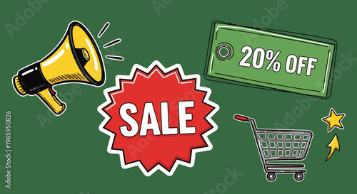 A stylized illustration of a megaphone announcing a sale in a playful and attention-grabbing way.