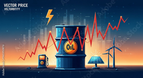 Oil price volatility vector concept with barrel gas pump wind turbine and fluctuating market graph