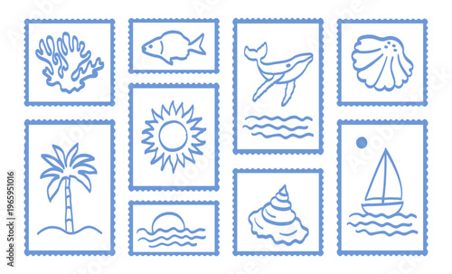 Hand-drawn summer postal stamps set ocean themes: coral, fish, whale, shell, palm tree, sun, waves, sunset, seashell, sailboat,naive coastal calm seaside vector illustrations. Scrapbook,journal prints