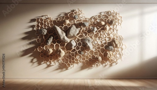 Close up of a wasp nest with hexagonal cells and small stones.
