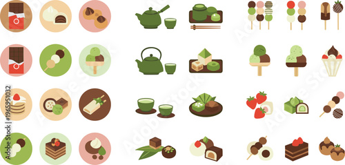 Japanese dessert and tea set collection with matcha sweets dango ice cream and traditional treats in flat vector style, Asian confectionery icons isolated on white background