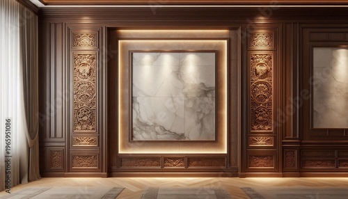 Luxurious Interior Design with Ornate Wood Paneling and Artwork.