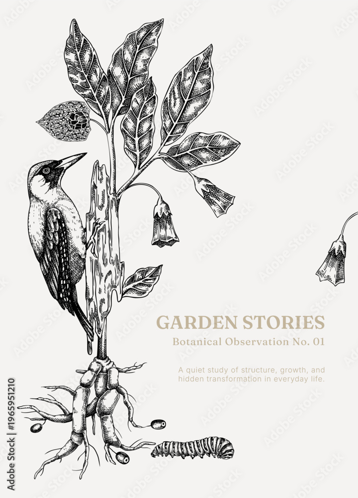 Obraz premium Botanical observation poster design with bird and plant sketches. Hand drawn natural history illustration in vintage engraving style. NOT AI generated