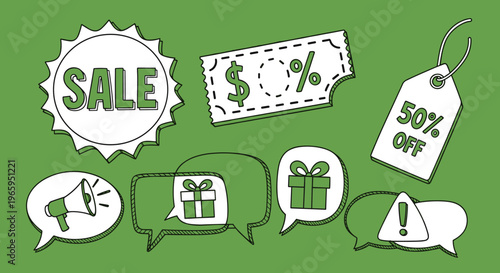 A set of cartoon-style icons announcing a sale, conveying excitement and promotion.