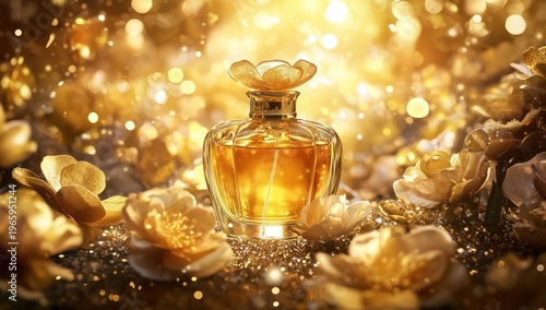 Luxurious gold perfume bottle with shimmering liquid, floral cap, sparkling glitter, golden flowers, and bokeh lights.