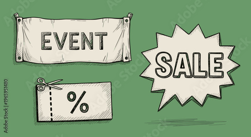 A creative illustration of a sale event with a discount coupon, conveying a sense of savings and promotion.