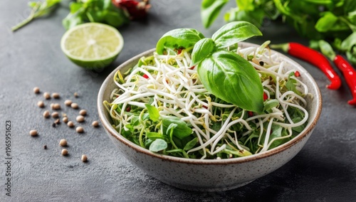Bowl of Fresh Mixed Sprouts and Microgreens with Basil, Lime, and Chili Peppers on Dark Background