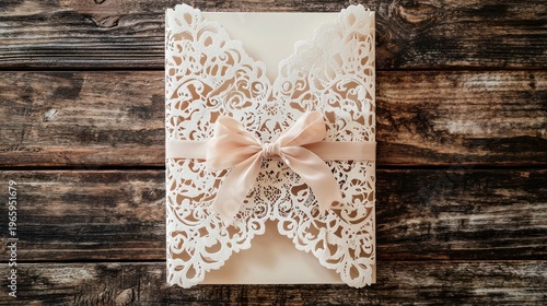 A wedding invitation suite with intricate designs, tied with a ribbon and placed on a wooden surface.