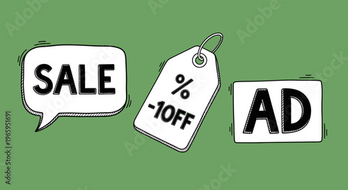 A playful illustration of a sale speech bubble on a green background, conveying excitement and discounts.