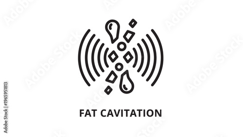 Minimalist black and white line art depicting fat cavitation technology used in non-surgical body contouring and wellness treatments. Ideal for medical, spa, and beauty marketing materials.
