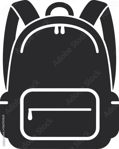 A simple black silhouette icon of a school backpack with a front storage pocket and straps design Vector