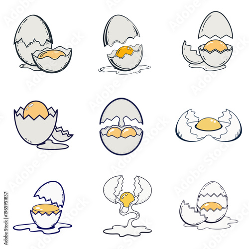 Set of Hand-Drawn Cracked Egg Icons, Broken Eggshell with Yolk Vector Illustrations