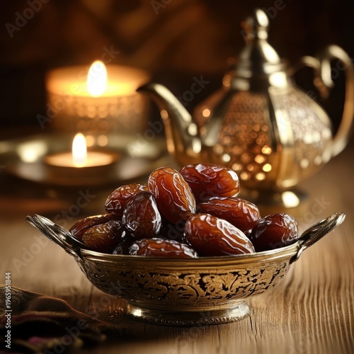 Dates in an ornate golden bowl with lit candles and a traditional brass teapot, perfect for Ramadan or festive occasions.
