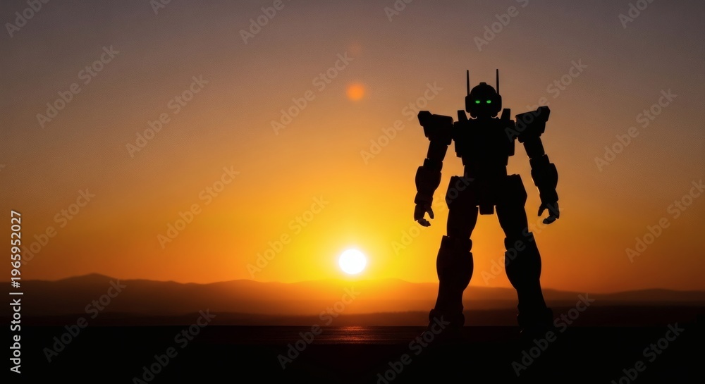 Fototapeta premium Silhouette robot standing against vibrant sunset landscape