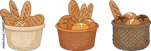 Bread baskets collection with assorted loaves baguettes and rolls in flat vector style, fresh bakery products in wicker containers isolated on white background