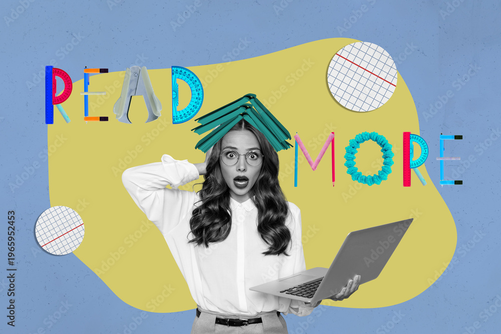 Obraz premium Pop art full zine photo collage of happy girl guy hold book head library academic education learner pencil ruler read more letters