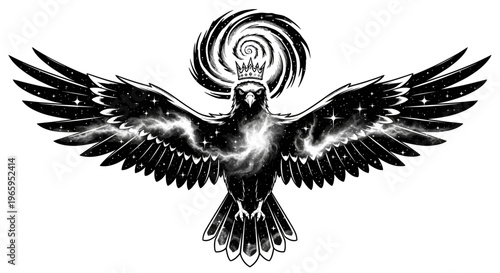 Cosmic eagle illustration with crown and galaxy wings isolated design