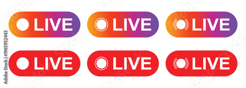Live Stream Button Vector Set with Red and Gradient Badges