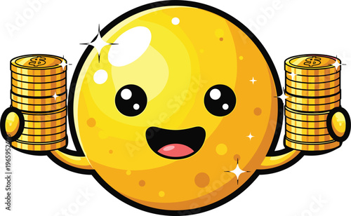 Cute Gold Piggy Bank Character with Coins Vector Illustration