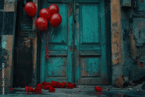 Red Balloons and Roses on a Weathered Teal Door in a Grungy Urban Setting