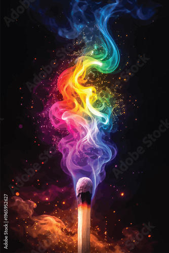 Lit matchstick with rainbow smoke and glowing golden sparks against dark background for conceptual metaphor of creativity inspiration bright ideas and energetic fire ignition effects with black backgr