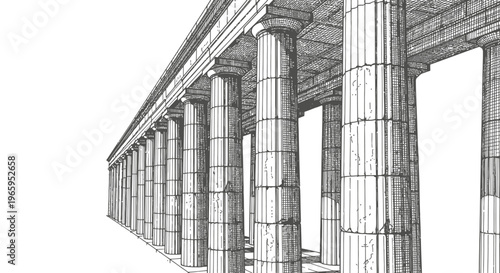 Architectural illustration of columns and structures in perspective