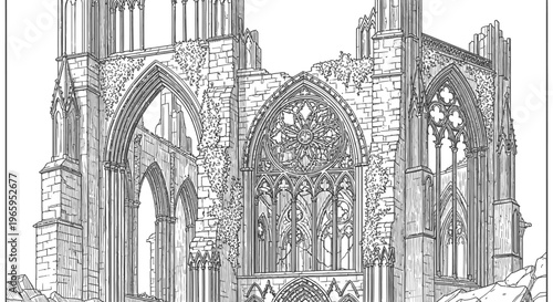 Architectural ruins illustration monochrome drawing structural remains historical site