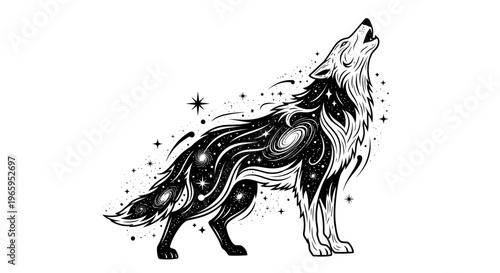 Astral wolf howling silhouette vector illustration design element