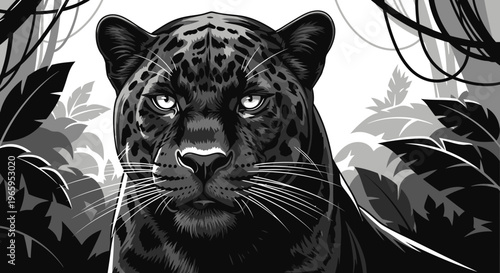 Black jaguar portrait in lush jungle illustration for wildlife design