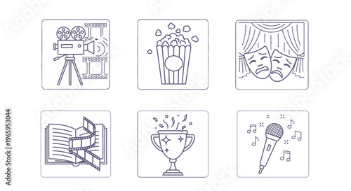 Entertainment icons set featuring film theater music and literature concepts