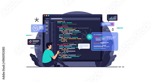 Illustration of a programmer focused on coding, software development, data analytics, and artificial intelligence interfaces, symbolizing modern technology