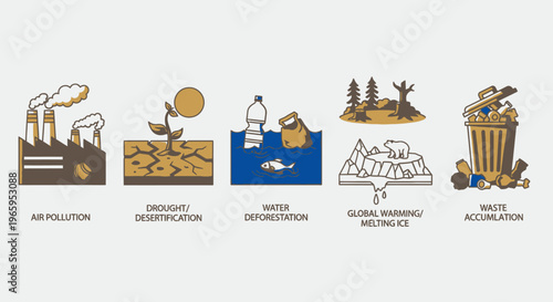 Environmental issues illustrated vector set air pollution drought water deforestation