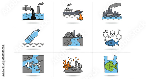 Environmental pollution icons industrial waste and marine contamination vector set