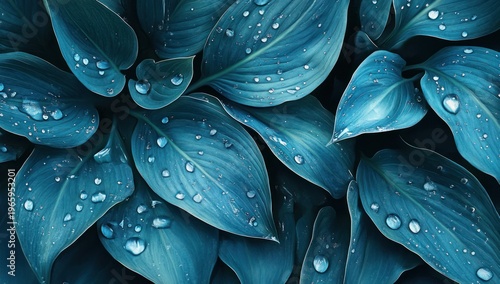 Close-up of vibrant blue-green plant leaves with fresh water droplets, a natural background texture.