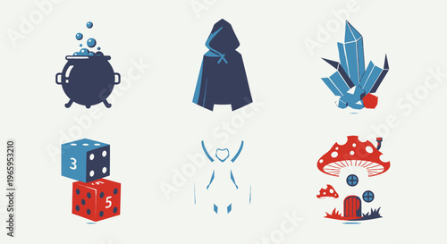 Fantasy icon set cauldron dice cape crystals figure and mushroom house
