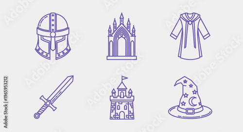 Fantasy icon set featuring armor swords towers and wizard hat elements
