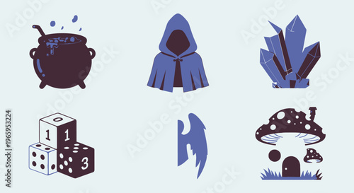 Fantasy icon set with cauldron cloak crystals dice wing mushroom