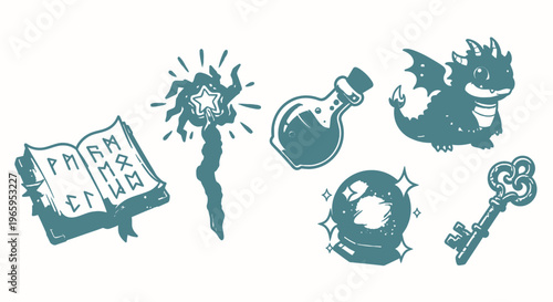 Fantasy symbols book wand potion dragon crystal ball key illustrations