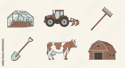 Farm equipment and animal illustration set on a light background