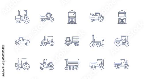 Farm machinery icons set isolated on white background various agricultural vehicles