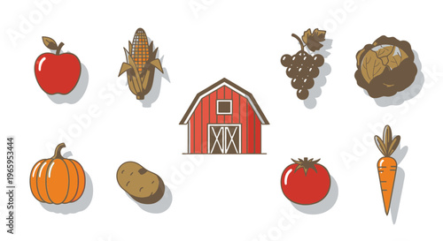 Farmhouse scene with various vegetables and fruits vector illustration