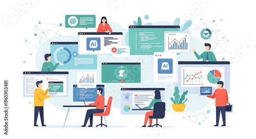 Diverse team collaborating on data analysis, software development, and AI integration across multiple digital interfaces, showcasing modern business technology workflows and innovation