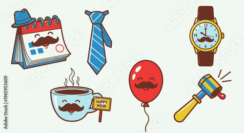 Fathers day cartoon elements calendar tie watch coffee balloon hammer