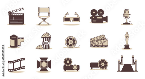 Film industry icons movie elements and equipment illustrations