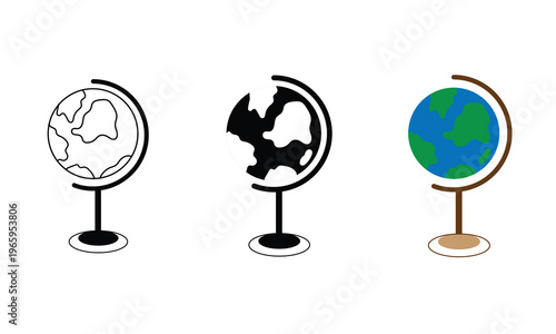Set of 3 Globe icons thin line illustrations designs. Globe icons in different designs.