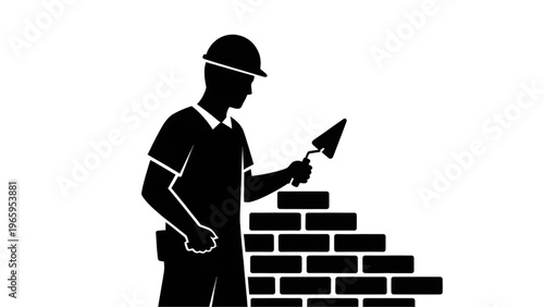 Black silhouette of a construction worker building a brick wall with a trowel