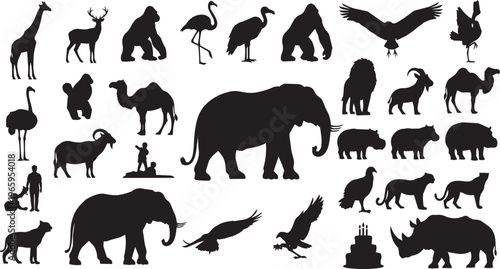 Collection of black animal silhouettes isolated on white background